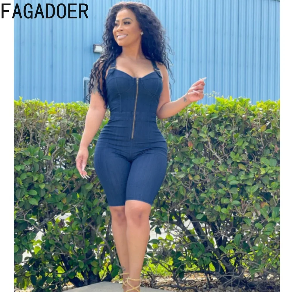 FAGADOER New Denim Jumpsuit Corset Sleeveless Women Casual Jumpsuit Stretchy Jeans Shorts Bodycon Rompers Fashion Streetwear