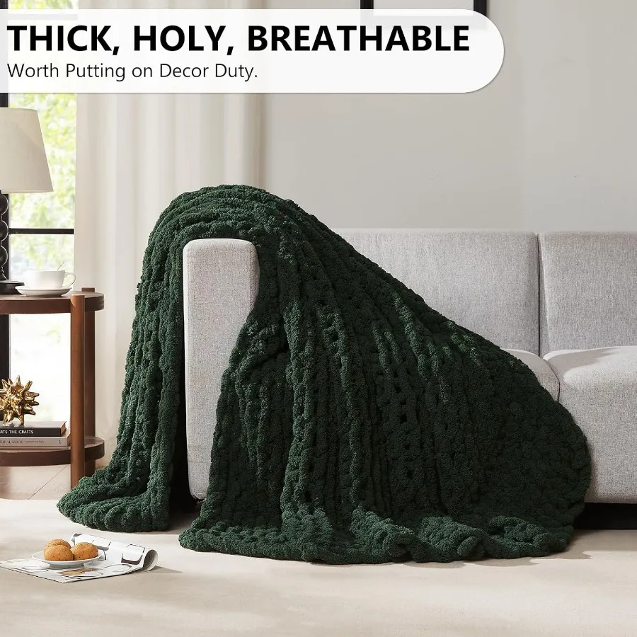 Chunky Knit Blanket Throw: 80''x90'' Chenille Chunky Knitted Throw Blanket for Bed Couch Handmade Thick Big Cable Knit Blanket