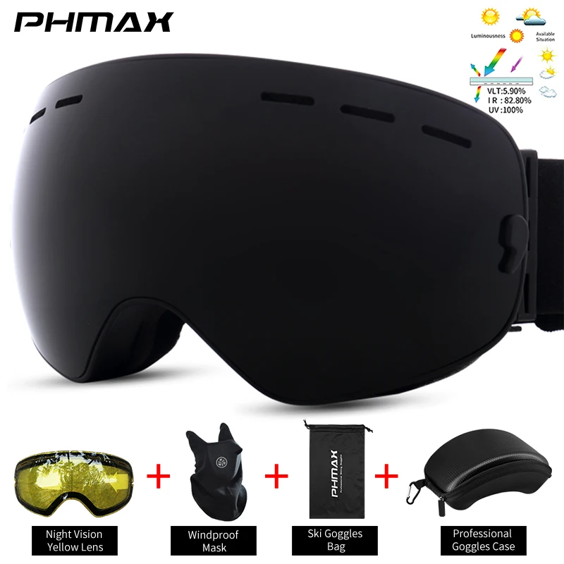 PHMAX Black Ski Goggles OTG Anti fog Snow Goggles TPU Frame UV Protection Snowboard for Men Women Adult Youth Cool Gift