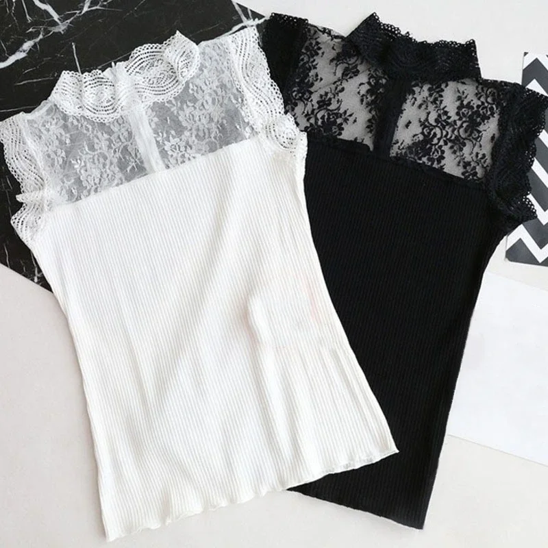 Fashion Streetwear Women Hollow Out Lace Tops Black and White Color Sleeveless Ice Silk Knitted Camisole Tops