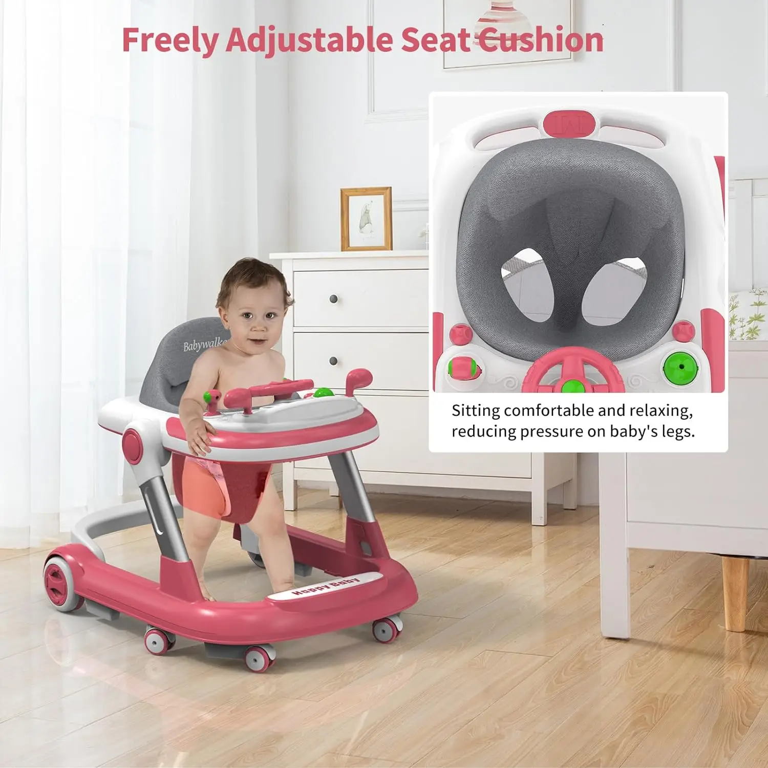 Baby Stroller 4 in 1 Foldable with Removable Toy Plate Music Light Height Adjustable Canopy
