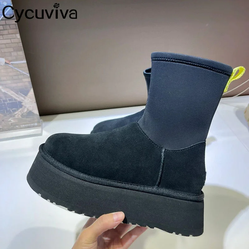 

New Classic Suede Leather Mid Calf Boots Women Round Toe Thick Sole Design Short Boot Winter Casual Party Snow Boots Women Mujer