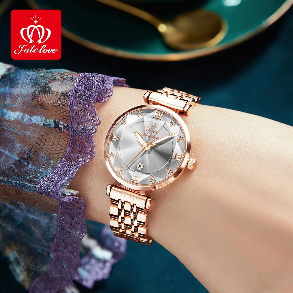 FATE LOVE Elegant Women's Watches Japan Movement Prismatic Cut Mirror Waterproof Stainless Steel Bracelet Sets Gift for Ladies 2
