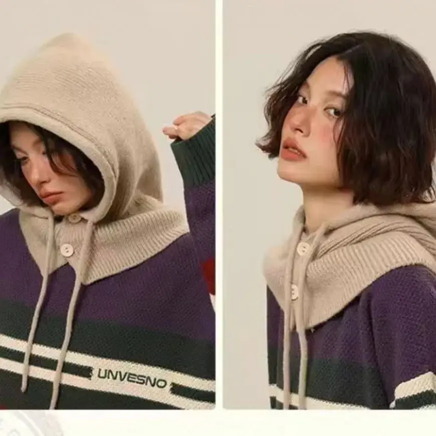 Winter Knitted Hooded Scarf Hat Women Warm Ear Protection Cap Outdoor Cycling Cold-Proof Integrated Neck Warmer Fashion Hat