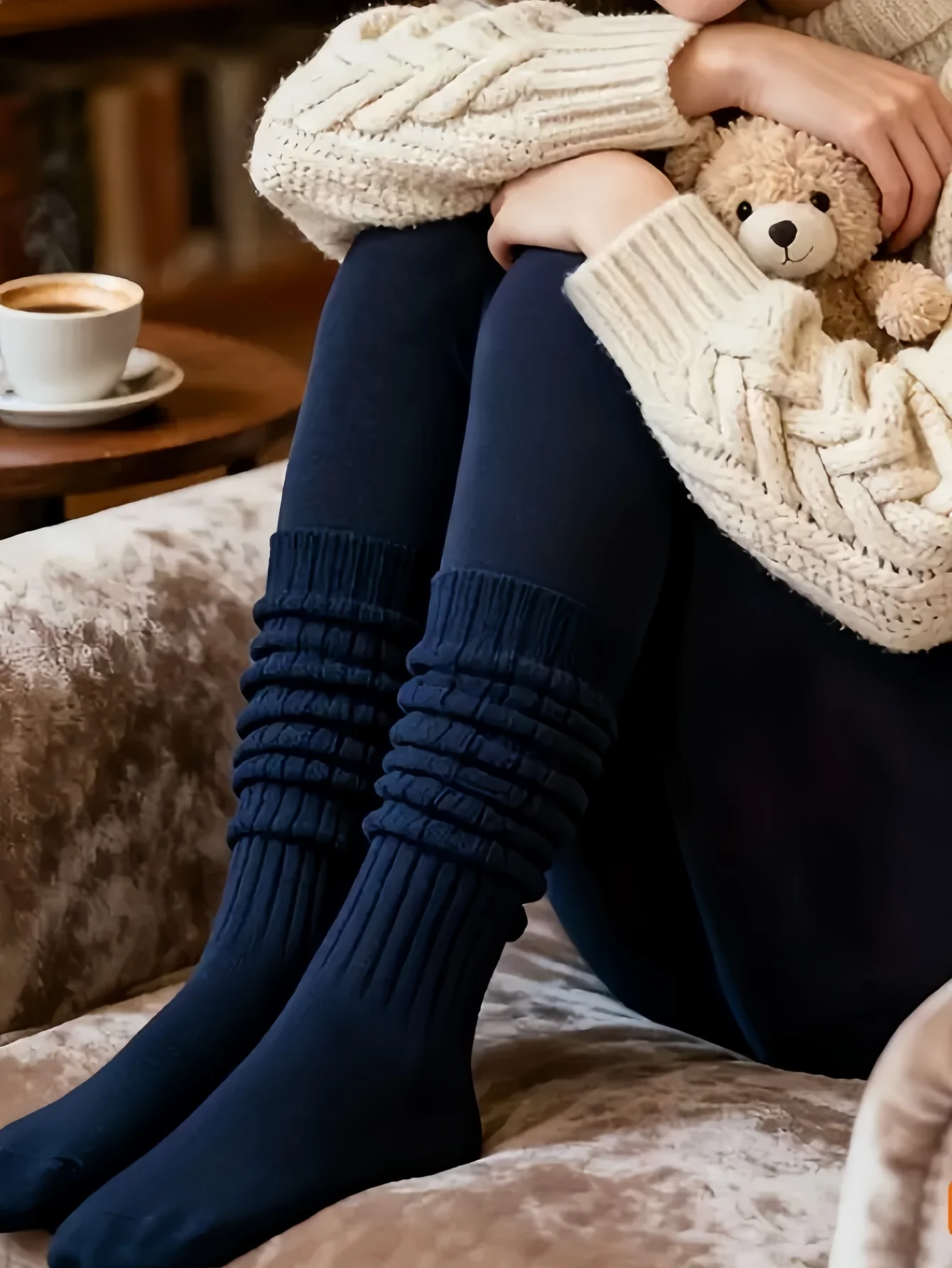 Women‘s Navy Blue Fleece-Lined Leggings, Snag-Resistant Thermal Fashionable Pants for Daily Commute and Casual Outings 2