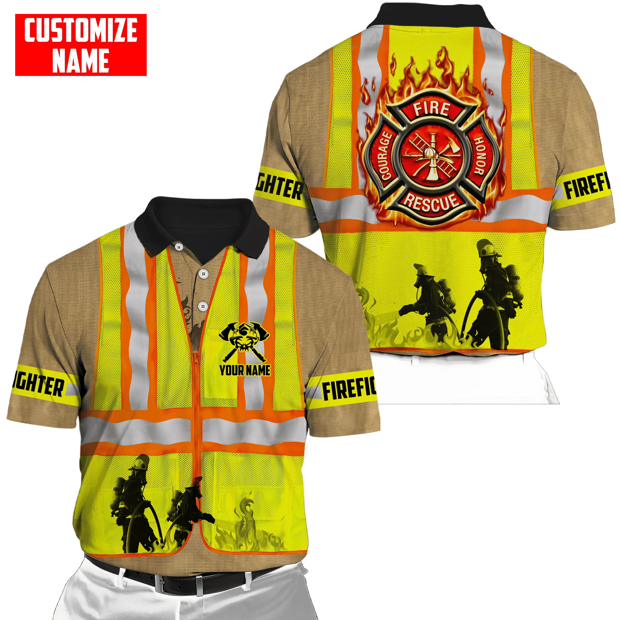 Personalisierter Name Brave Firefighter 3D-gedrucktes Herren-Poloshirt Sommer Kurzarm-T-Shirt Street Casual POLO-Shirt Tops WK10 – Detail 16