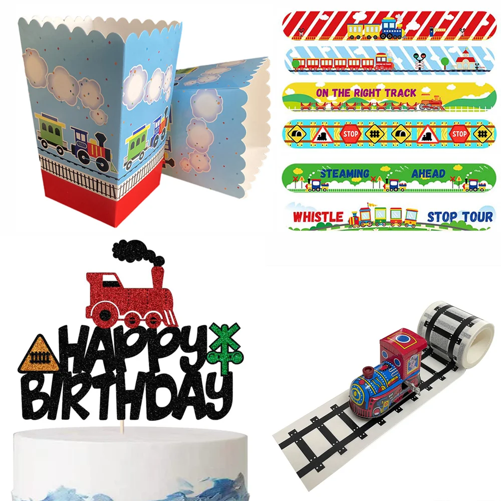 Zug-Geburtstagsdekorationen, Zug-Partygeschenke, Zubehör, Zug-Kuchenaufsätze, Schnapparmbänder, Geschenktüten, Füllstoffe, Preis, Kindergeburtstag