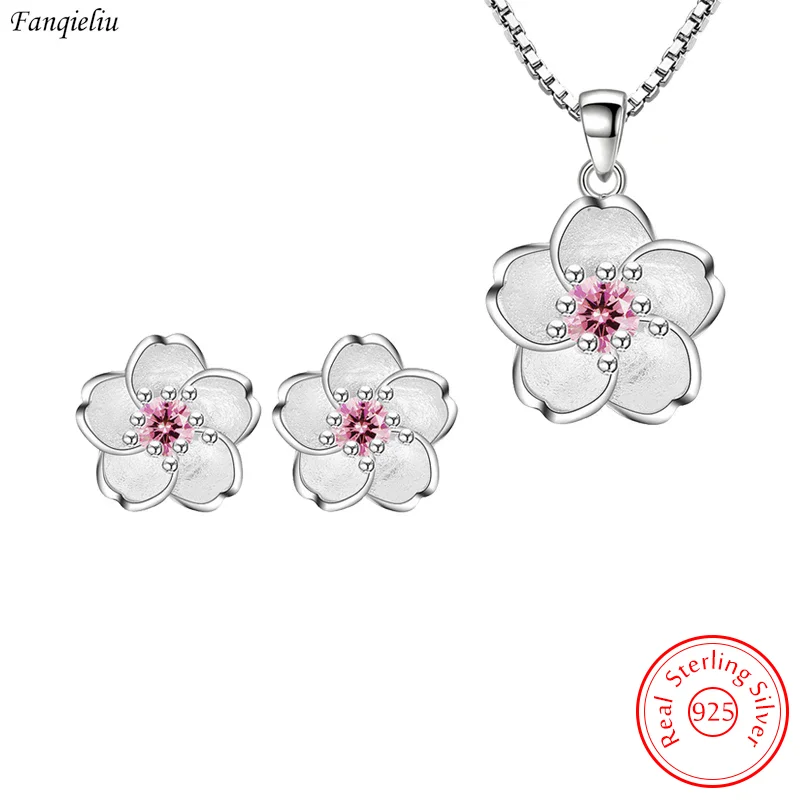 925 Sterling Silver Jewelry Set For Women Crystal Flower Pendant Necklace Stud Earrings