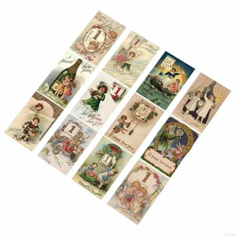 12Pcs Retro Happy New Year Wine Bottle Label Sticker for Home and Restaurant Use
