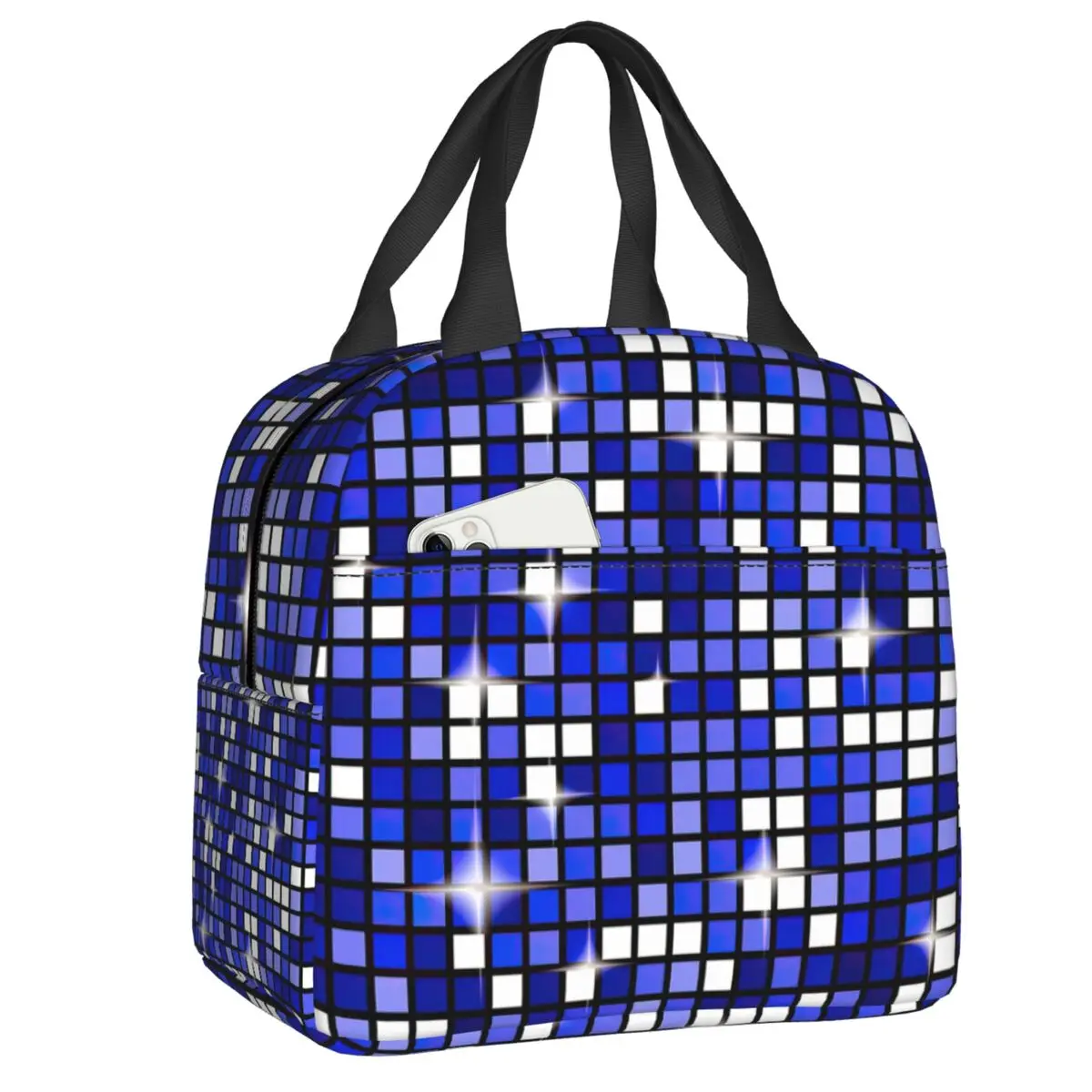 

Blue Disco Ball Glitter Insulated Lunch Bag for Women Leakproof Cooler Thermal Lunch Tote Beach Camping Travel