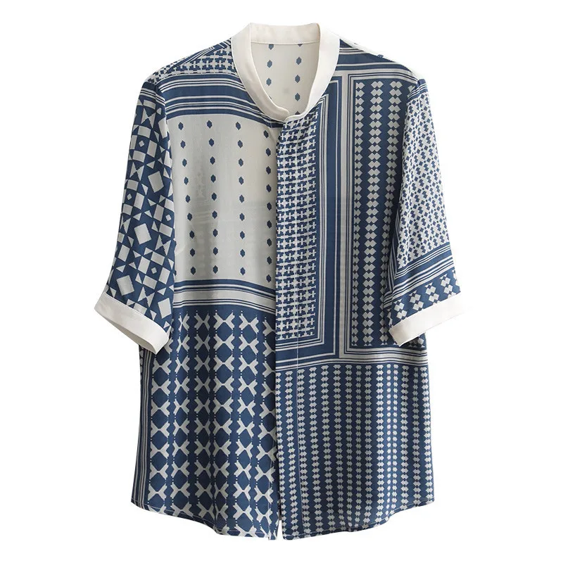 Summer Women\'s Blouse Chiffon O-neck Standing Collar Printed Office Lady Shirts Vintage Half Sleeve Tops Female Clothing