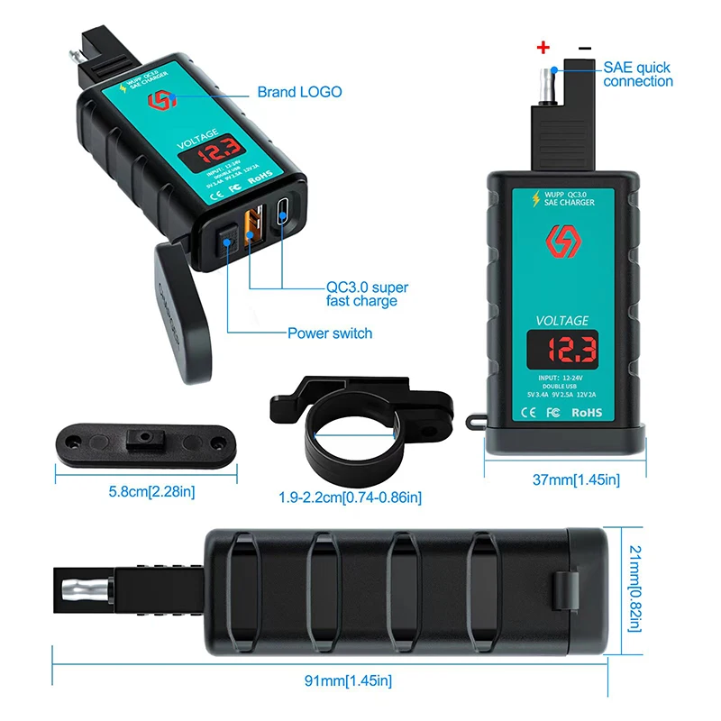 12/24V Motorcycle Charger SAE Plug To USB+Type-C Mobile Phone Charger Adapter PD Fast Charging Waterproof Switch Wit