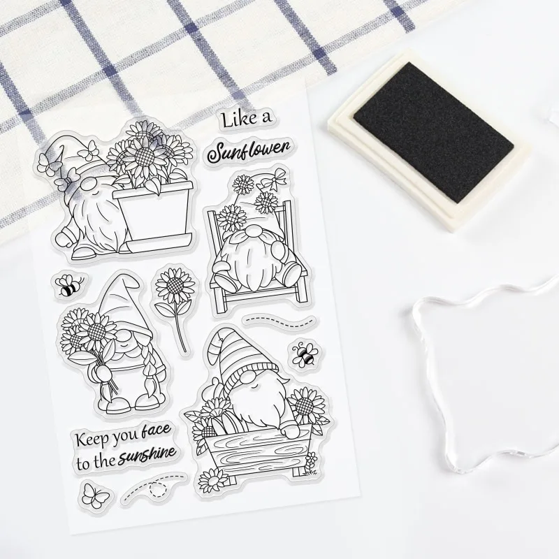 Gnome Dwarf Silicone Clear Stamp 1Sheet Butterfly and Bee Flower Transparent Silicone Stamp Sunflower Clear for Scrapbook clear stamps,clear rubber stamps