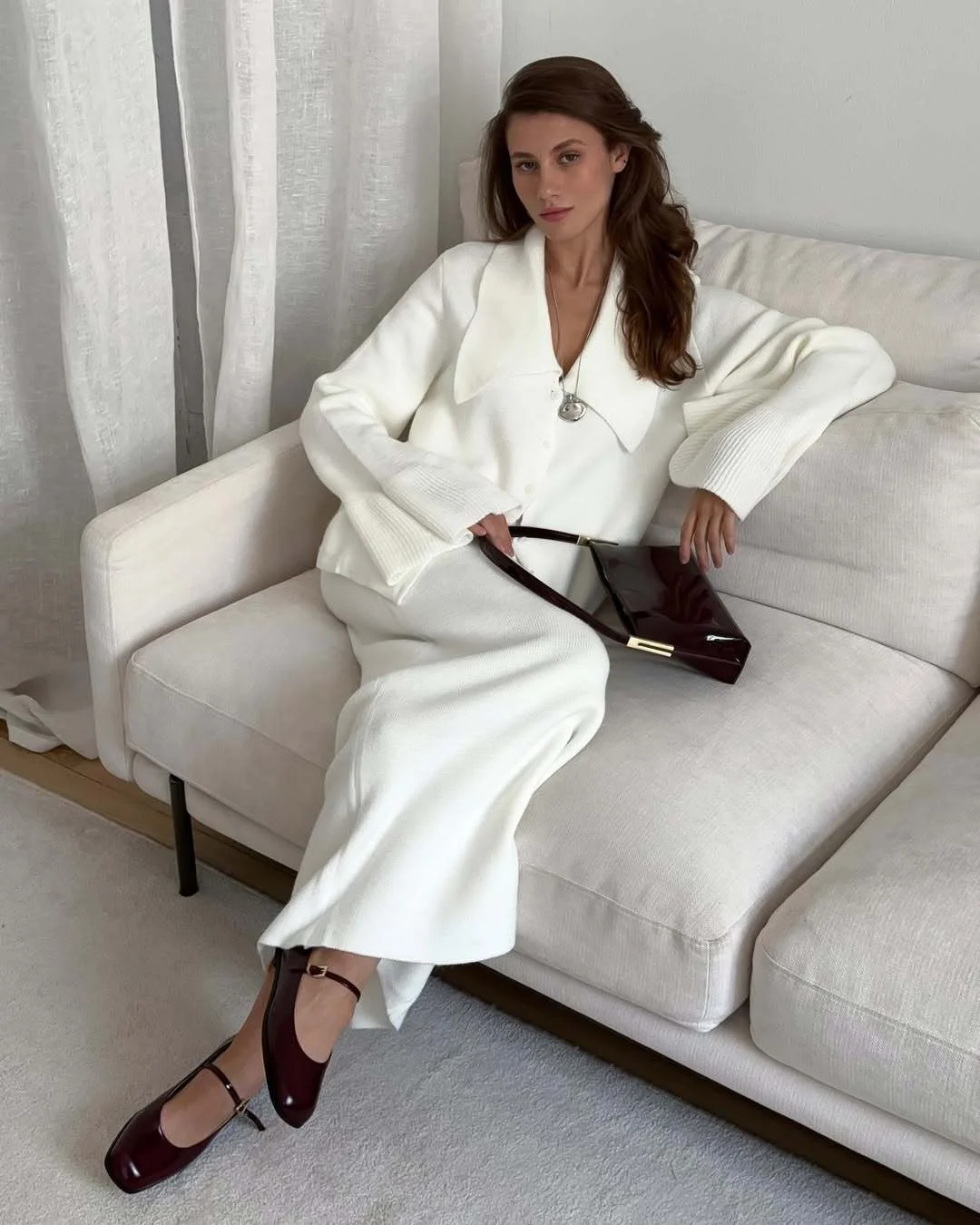 Hirsionsan Sexy Soft Elegant Vintage Women Suits 2 Pieces Female Sets Polo Neck Cardigan Sweater & Midi Dress Knitted TrackSuit Image 21