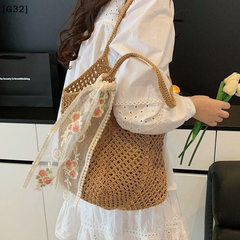 Large Capacity Woven Bag Women's Shoulder Bags Casual Straw Wicker Woven Ladies Handmade Summer Beach Tote Messenger Bag[G32] - 3