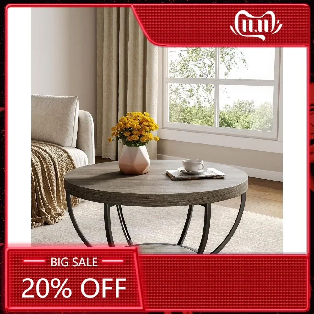 Round Coffee Table, 32" Circle Coffee Table for Living Room, 2-Tier Wood Accent Center Table with Open Storage Industrial Desig