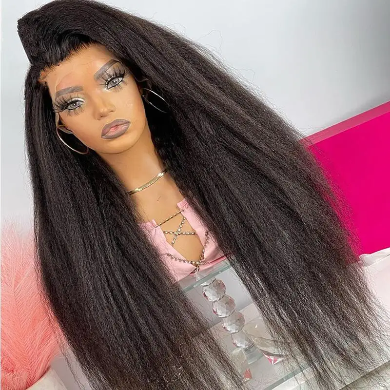 

PrePlucked Glueless Soft 180 Density Deep Kinky Straight 26“Long Natural Black Lace Front Wigs For African Women Babyhair Daily