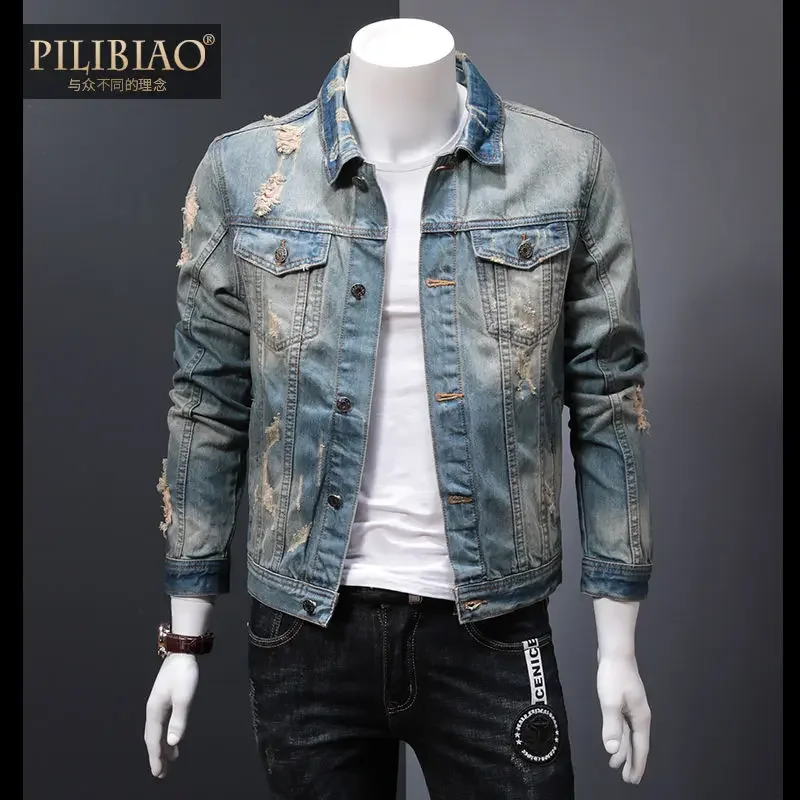 thumbnail image 1 of Chaqueta vaquera para hombre, abrigo vaquero roto de otoño para hombre con agujero, novedad en Joker Y2k, estilo vintage, elástico, informal, de alta calidad, desgastado, 1 of 5