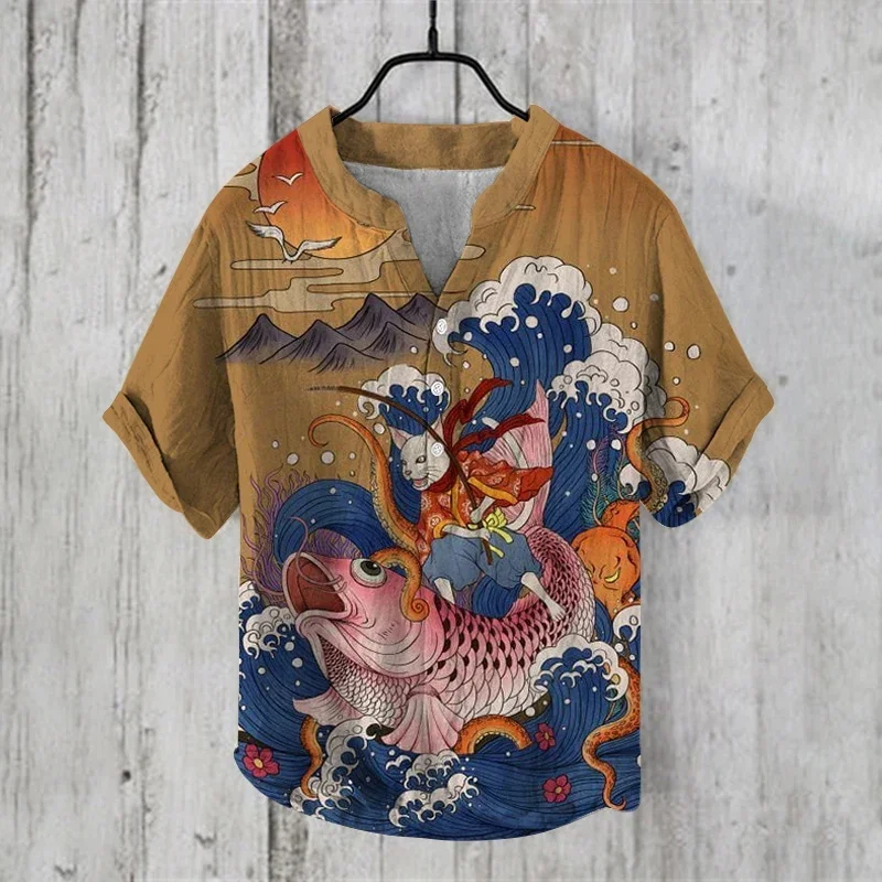 

Cardigan three-breasted shirt border Hawaiian art print fish series 3D digital print casual short-sleeved shirt