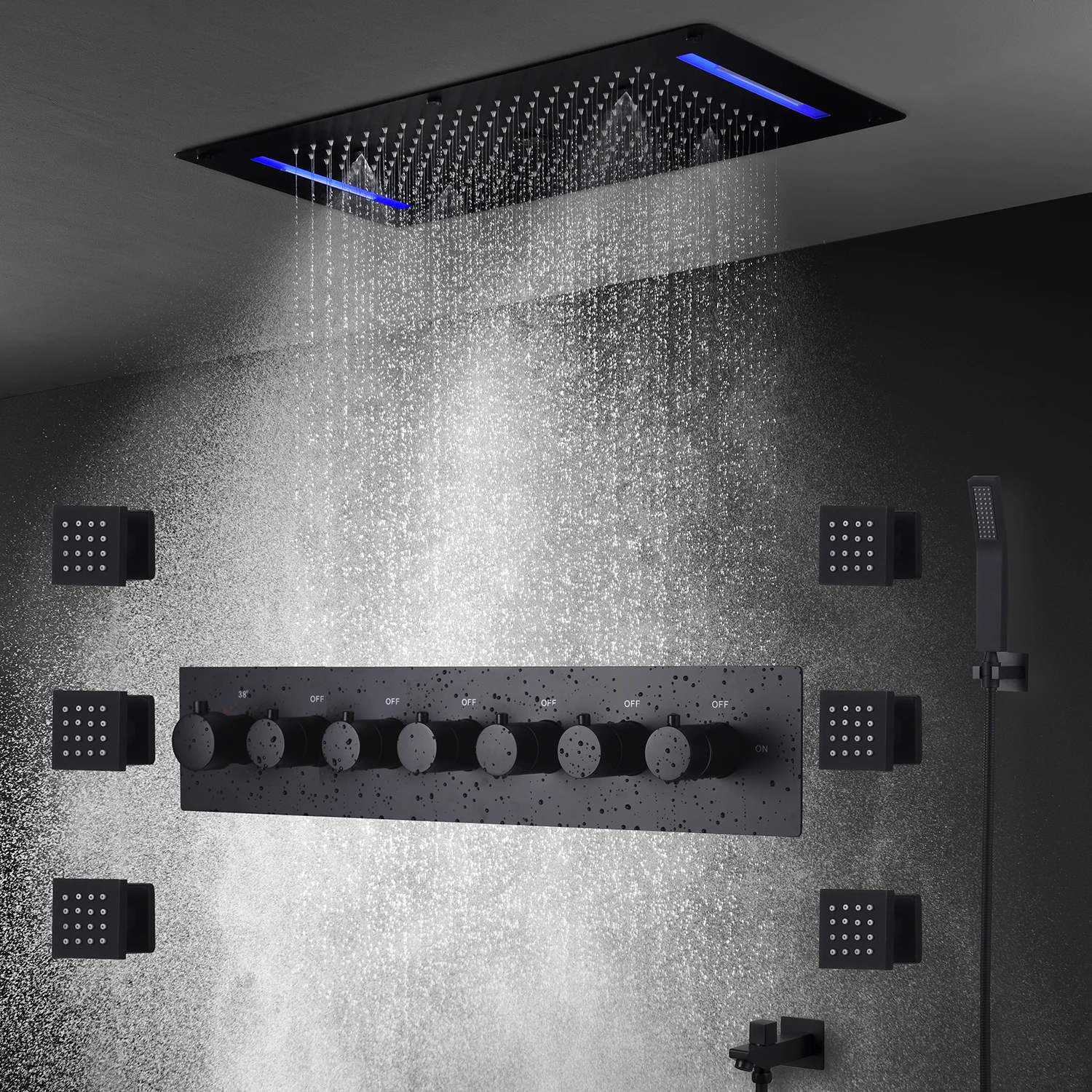 Matt Black Shower Faucet Panel 28x15 Inch RGB LED Shower Head Set Thermostatic Mixer Valve Kit 6 Pcs 2 Inch Side Jets