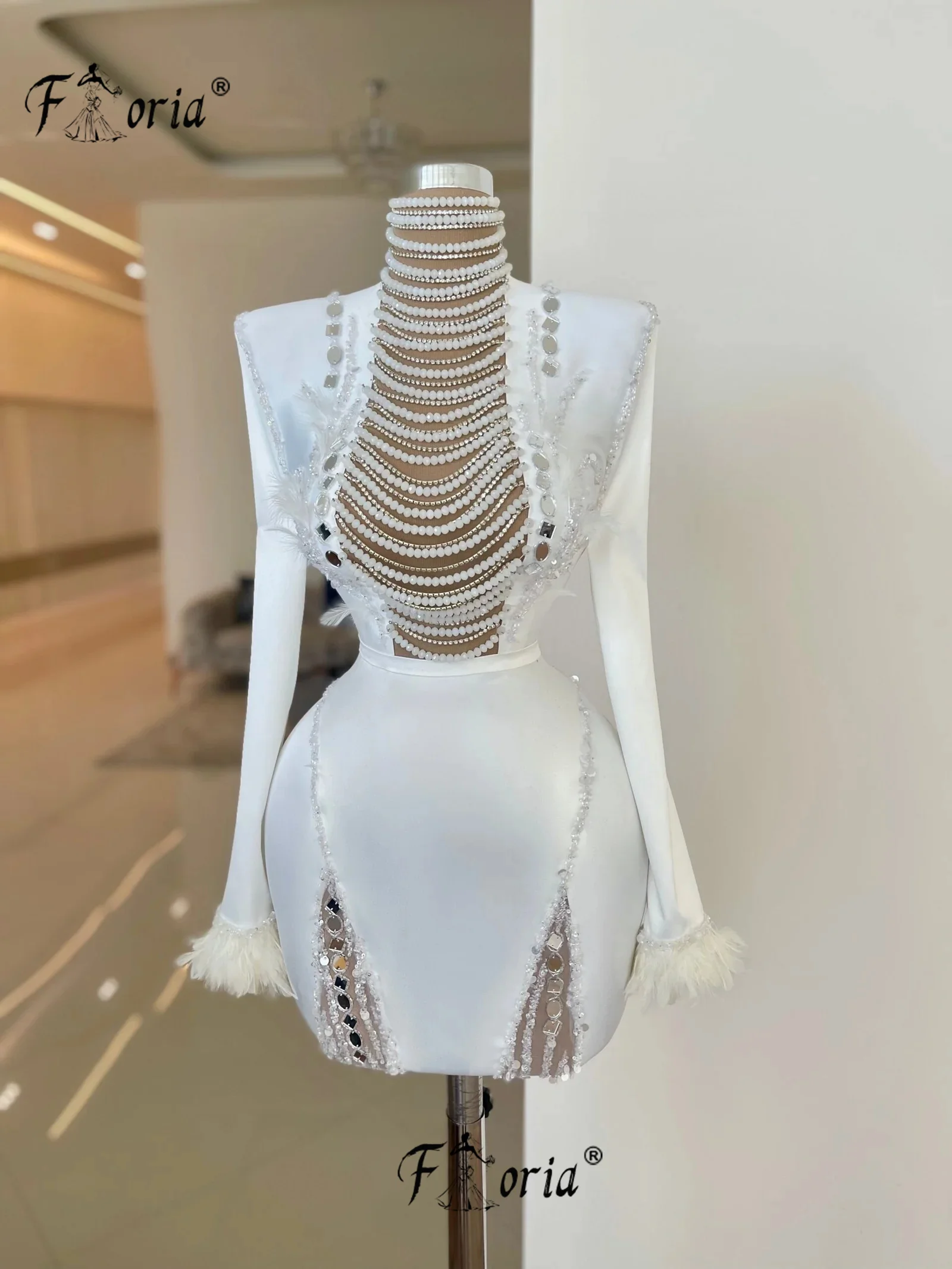 Ivory Beaded Cocktail Dresses Long Sleeve Crystals Tassel Feather Short Evening Dress High Neck Cocktail Party Gown Customized