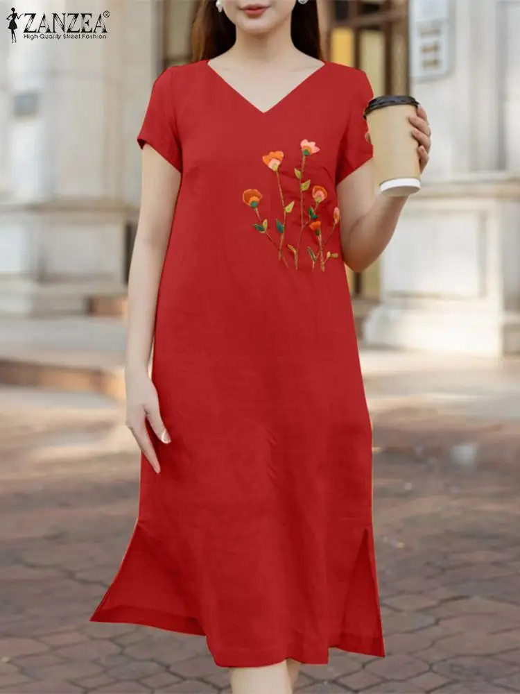 

2024 ZANZEA Summer Women Vintage V Neck Short Sleeve Midi Dress Fashion Floral Embroidery Sundress Casual Holiday Party Vestido