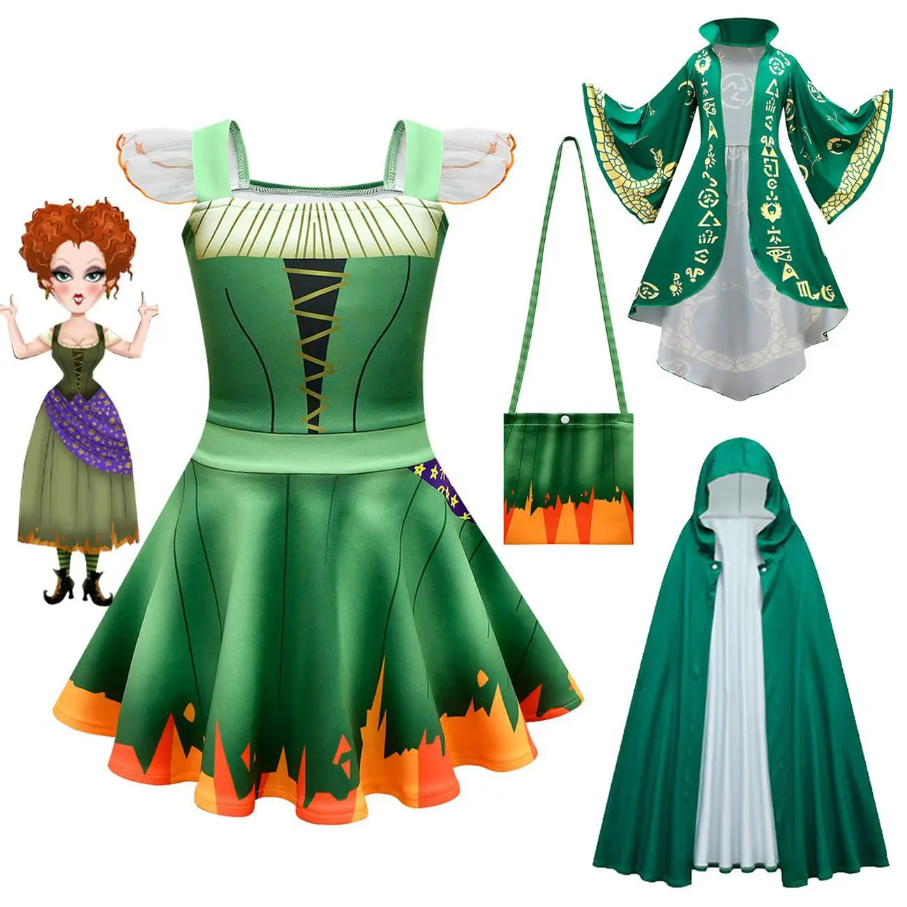 Kids Carnival Halloween Hocus Pocus 2 Costume Cosplay Girls Princess Dress Con Mantello Borsa Outfit Fancy Dress Witch Party Clothes