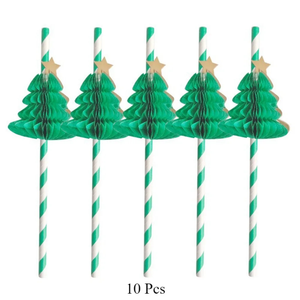 10/50 Pcs 3D Christmas Tree Party Decoration Green Disposable Paper Straws for Christmas Party