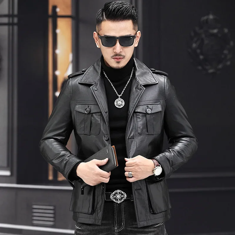 Tcyeek Autumn and Winter Genuine Leather Jacket Men Short Top
