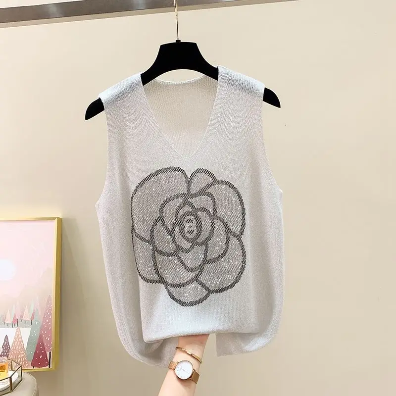 Minimalist Commute Summer New Women V-neck Printed Diamonds Loose Sleeveless Ice Silk Knitted Sweater Tank Camisole T-shirt Tops