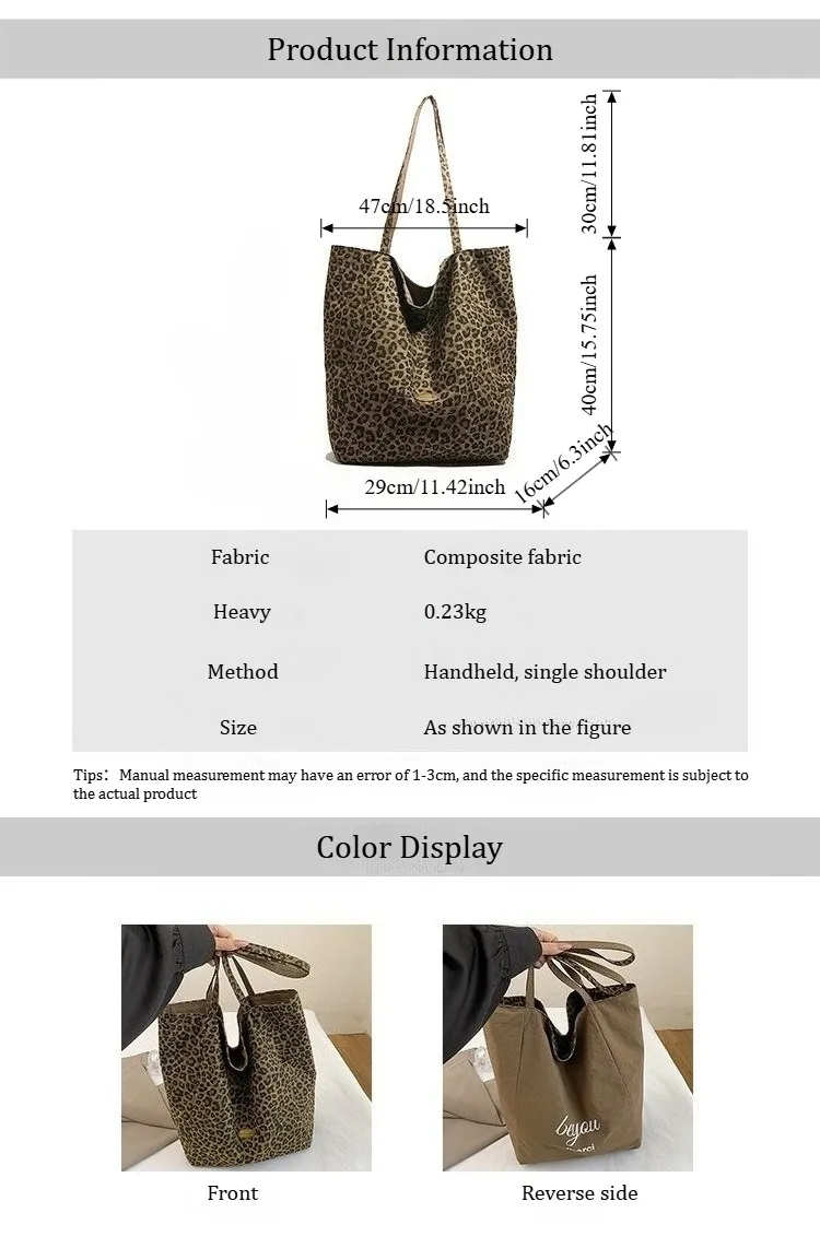 Leopard Print Reversible Canvas Tote Bag Women Large Capacity Casual College Style Shoulder Handbag for Daily Commute