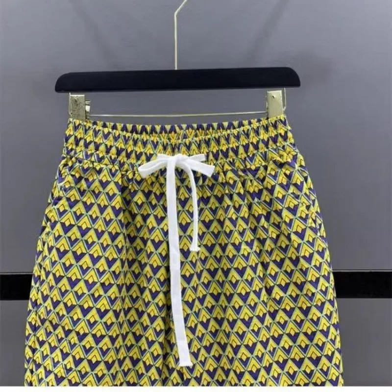 Minimalist Commuter Fashion Women's 2024 Summer Patchwork High Waited Drawstring Printing Geometric Loose Casual Wide Leg Pants