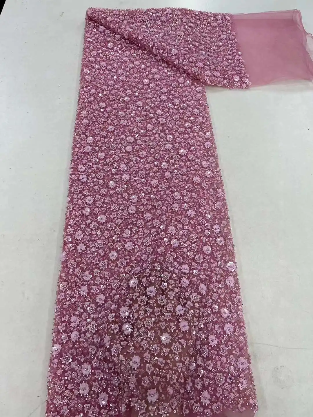 

Latest 2023 High Quality African Nigerian Tulle Laces Fabric Sequins Embroidery French Wedding Party Dress Beaded 5 Yards FJ2251