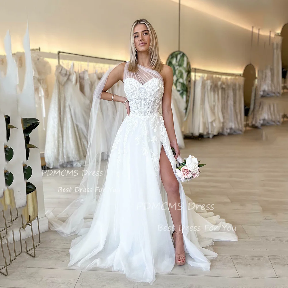 

Trendy One Shoudlder White Weddding Dresses 3D Lace Flower Bridal Dress Custom Contry Bride Guest Gowns Sexy High Split Vestidos