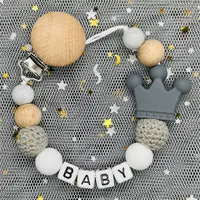 Attache-sucette avec nom personnalisé, chaîne en bois de hêtre faite à la main, support de couronne en Silicone, sucette, jouet de dentition pour bébé, cadeau à mâcher, nouvelle collection 3