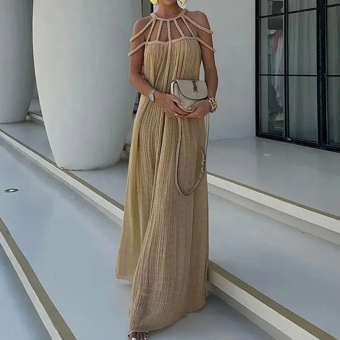 

MUXI-Women's Loose Sleeveless Beach Skirt, Backless Dress, Crochet Cut, Shoulder Width, Loose Hem, Party Dress
