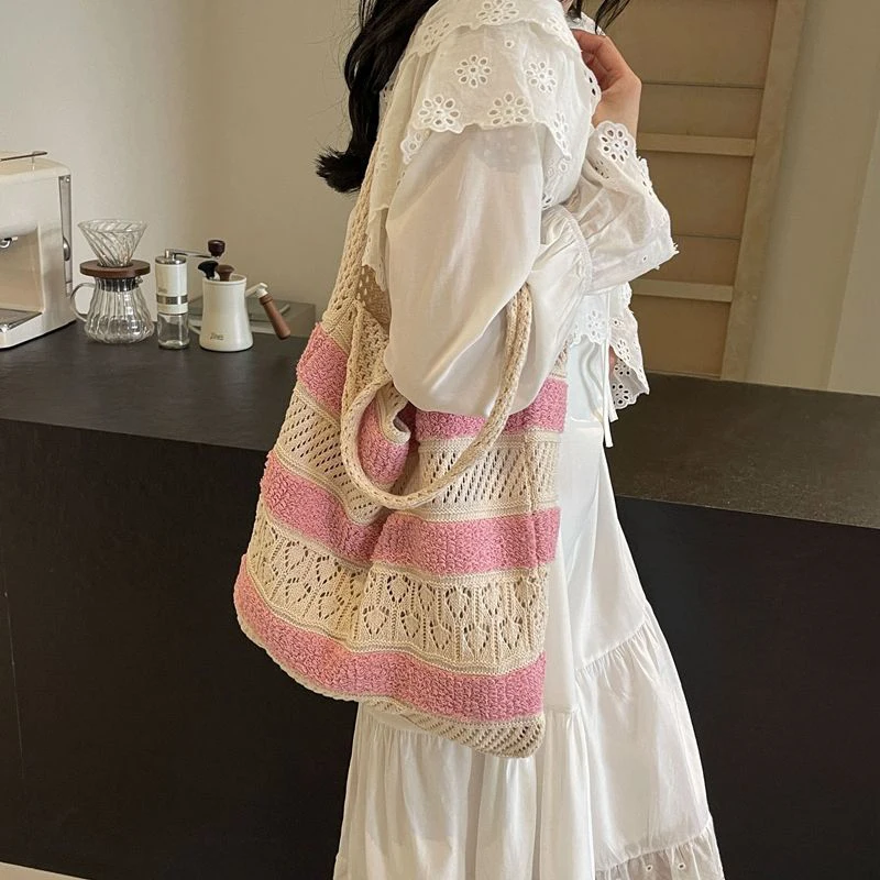 Fashion Vintage Colour Blocking Striped Knitted Hollow Tote Bag Large Capacity Shopping Shoulder Bag Handbag for Women