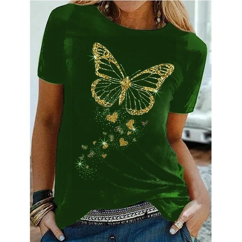 

Летняя свободная футболка Y2k с коротким рукавом, женские топы с принтом золотой бабочки, женская Свободная рубашка с круглым вырезом, женская одежда, хлопковые футболки