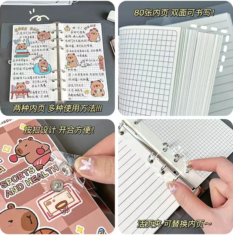 Cartoon Capybara Sanrio Loose Leaf Binder Notebook Kawaii 6 Rings Biner Planner Mini Notebpad Diary Journal Planner 80 sheets