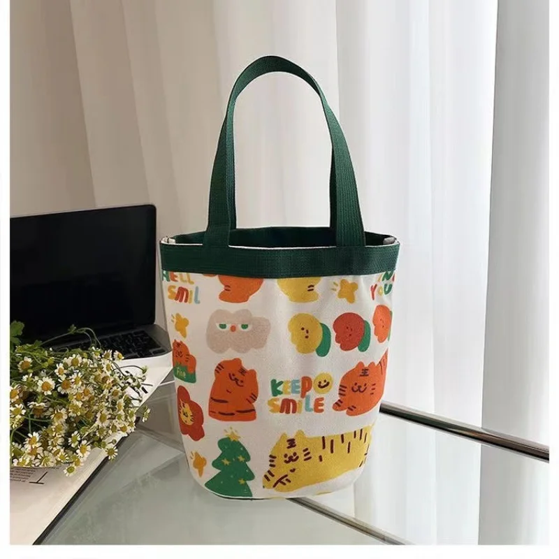Doodle-Print Canvas Bucket Bag &ndash; Cute Ins-Foodie Cylinder Tote for Girls Korean Style Lunch Box Carrier & Mommy Bag