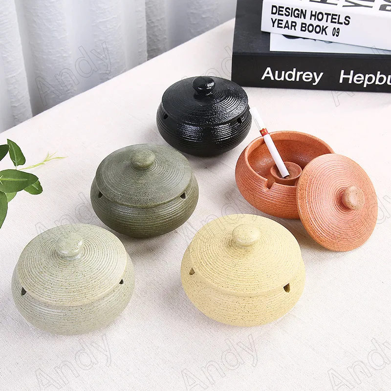 European Ceramic Ashtray with Lid Creative Kiln Change Glaze Decorative