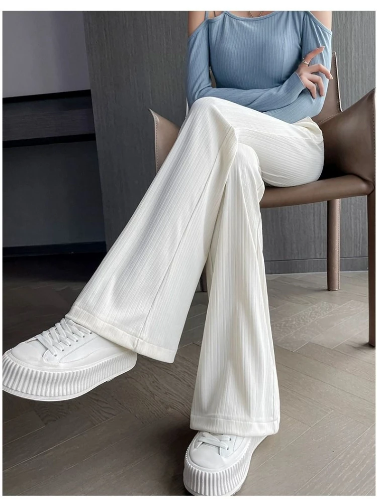 

Ice Silk Flare Pants Women Summer Wide Leg Long Pants Elastic High Waist Loose Casual Solid Full Length Thin Straight Pants