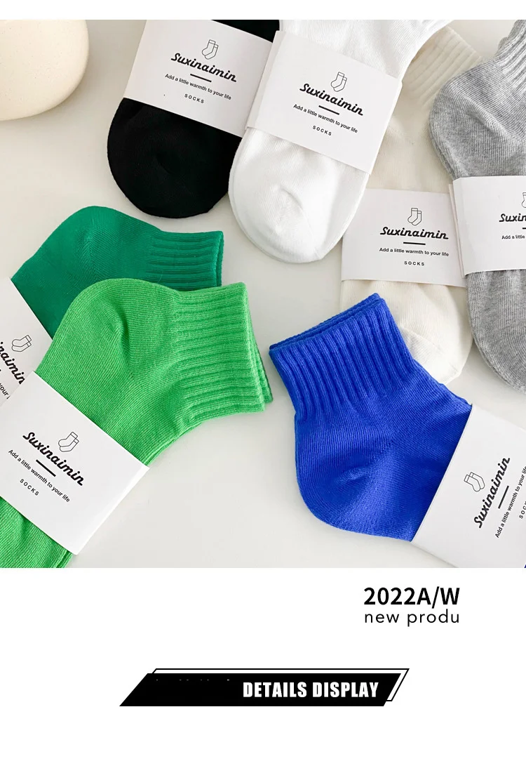 CHAOZHU Frauen Stretch Rippe Baumwolle Gummi Druck Althetic Ankle Socken Casual Style Solid Farben Klein Blaue Calcetines Weiblichen – Detail 8