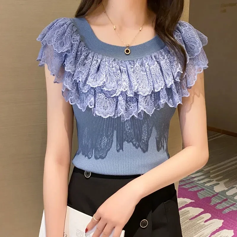 Casual Summer Lace Tops T-shirts Women 2026 Fashion Elastic White Black Purple Top Sexy Ladies Kawaii T Shirts Korean Clothes