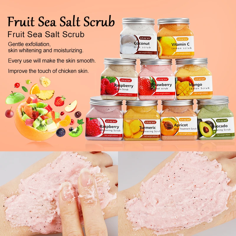 Body Scrub Fruit Sea Salt Avocado Strawberry Apricot Sherbet Skin Smooth Softens Cuticles Moisturizing Exfoliating