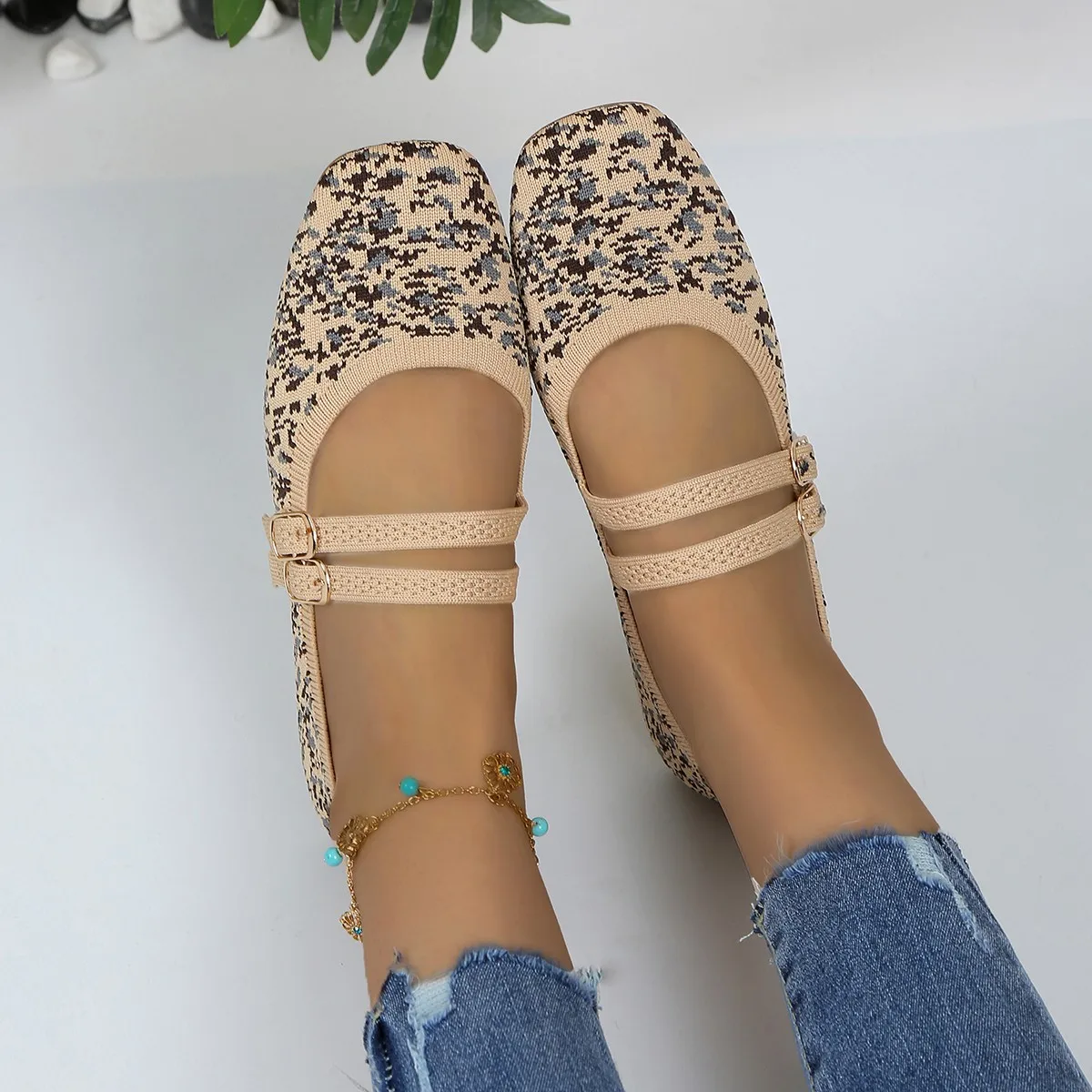 

Women's Breathable Flying Woven Shoes, Casual Square Toe Buckle Strap Shoes, Lightweight & Comfortable Shoes