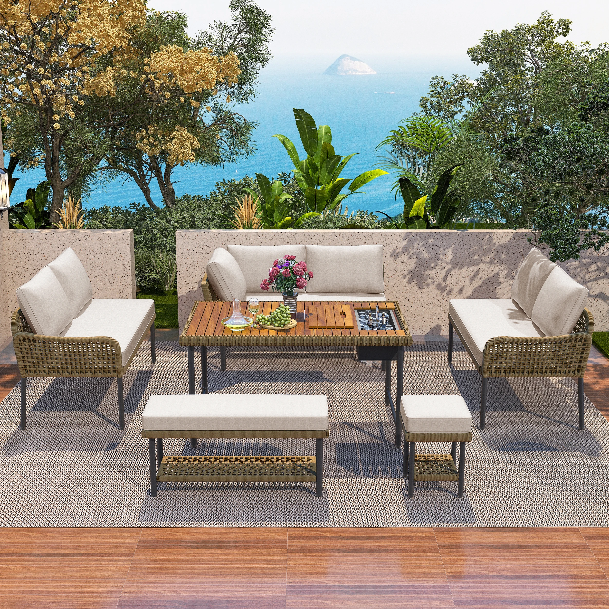 Patio Furniture Set with Coffee Table with Ice Bucket,Rope Benches,Table and Chairs,Couch Cushions for Yard,Pool,Backyard, Porch