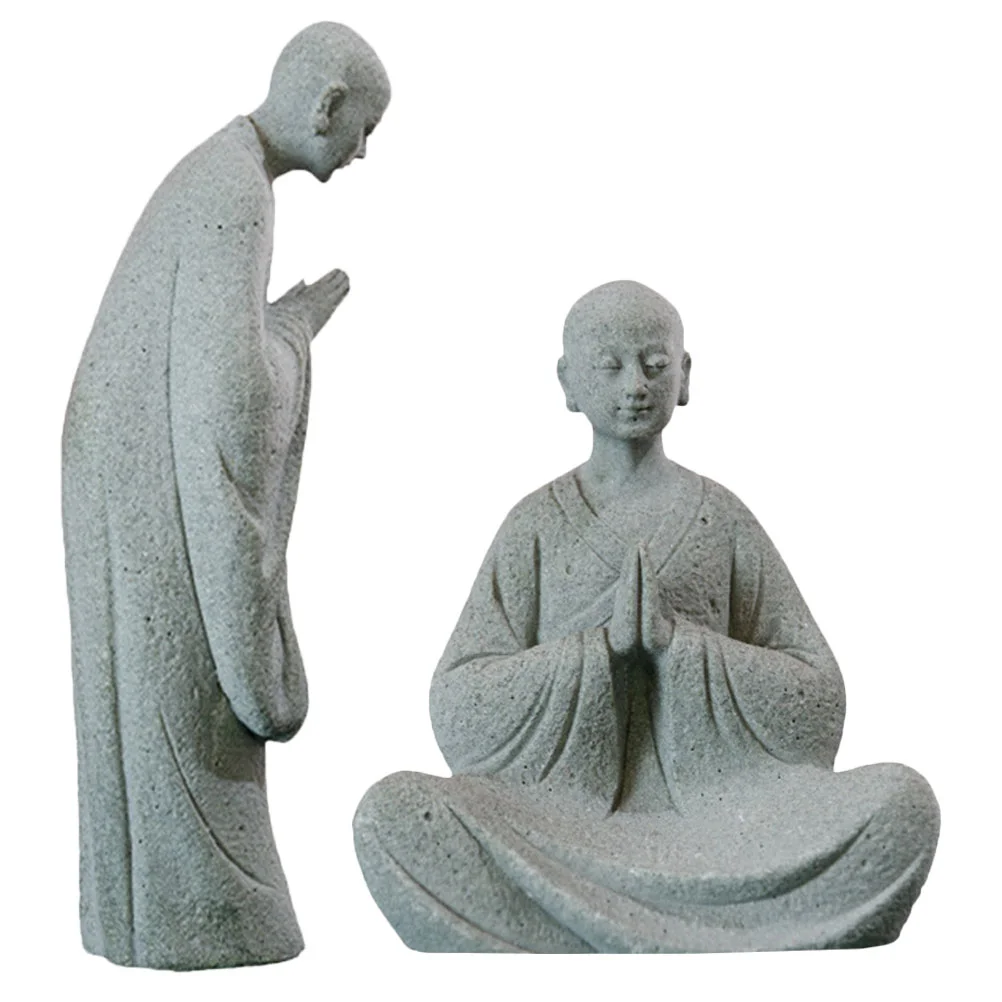 

2 Pcs Bonsai Micro Landscape Buddha Statue Ornament Garden Monk Sculpture Stone for Zen