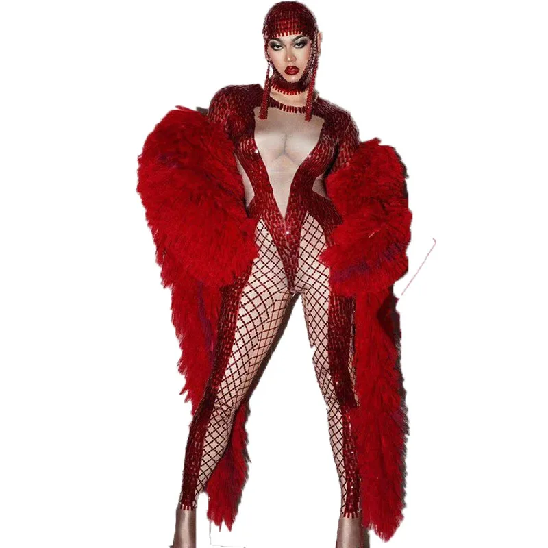 

Jumpsuit Cloak Birthday Celebrate Outfit Set Women Dancer Costume Evening Wear Glisten Red Rhinestone Sequins Spandex