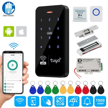 와이파이 문짝 액세스 제어 시스템 키트, 투야 스마트 RFID 키패드 컨트롤러, IP68 + 전원 공급 장치, 전기 자기 잠금, 앱 잠금 해제